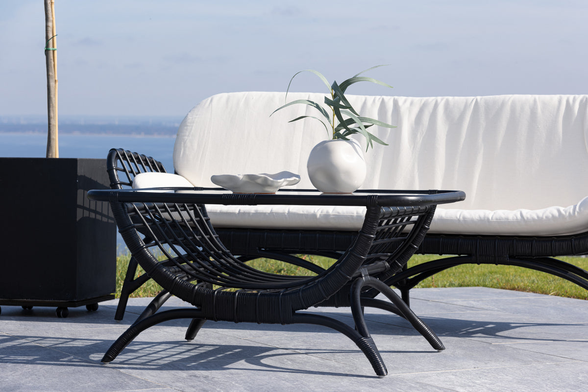 Garten Couchtisch Sarina - Aus Rattan und Glas in Schwarz