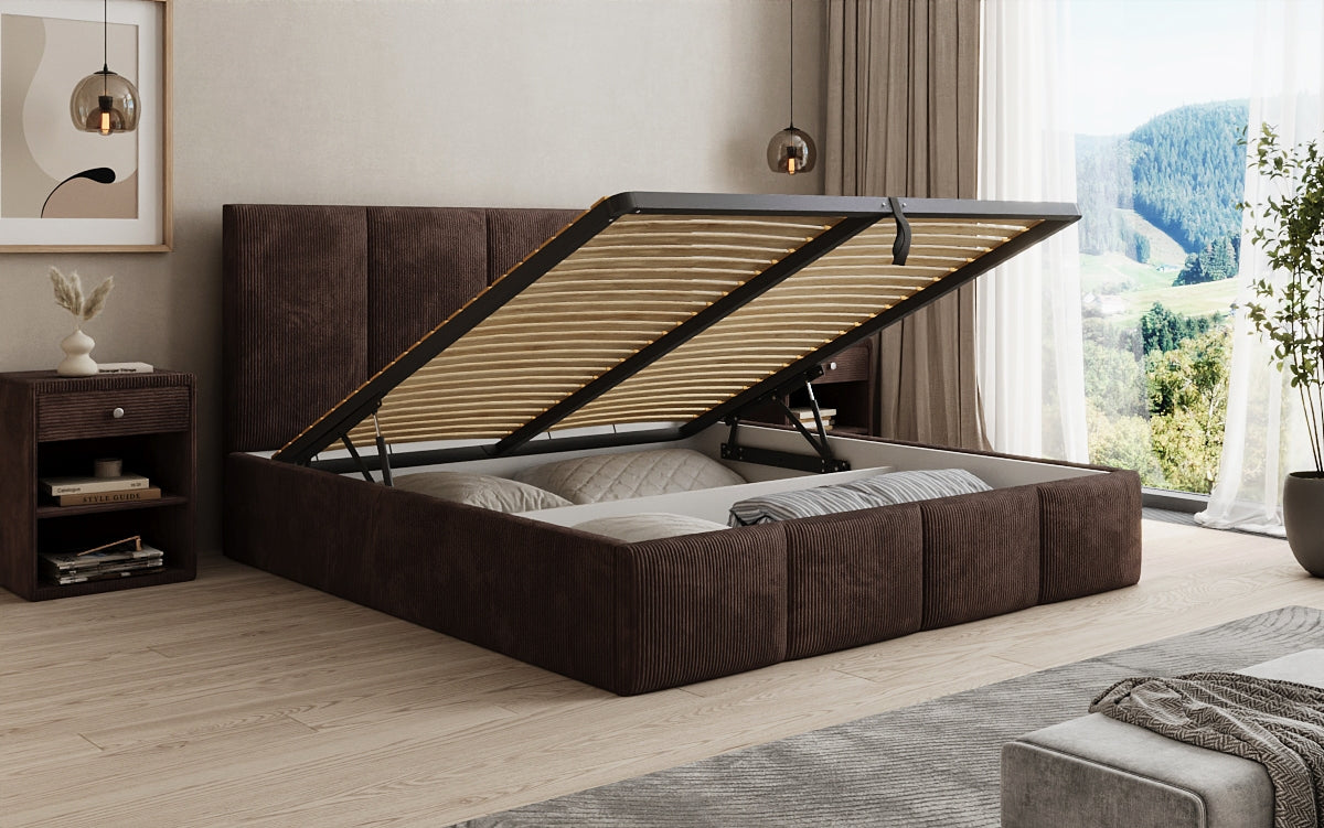 Designer Polsterbett Mina in Cord mit Stauraum