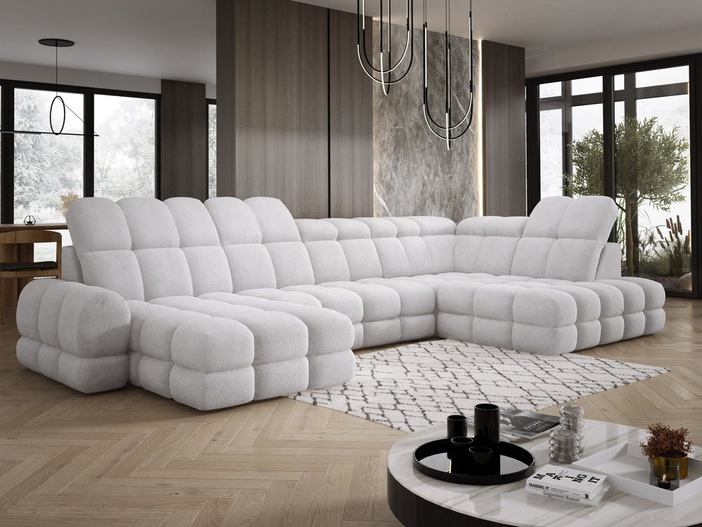 Designer Sofa Lima U mit elektrischer Schlaffunktion in Bouclé