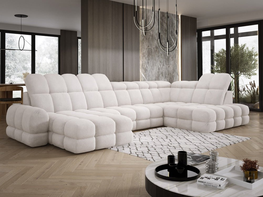 Designer Sofa Lima U mit elektrischer Schlaffunktion in Bouclé