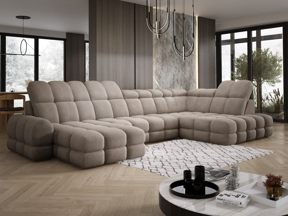 Designer Sofa Lima U mit elektrischer Schlaffunktion in Bouclé
