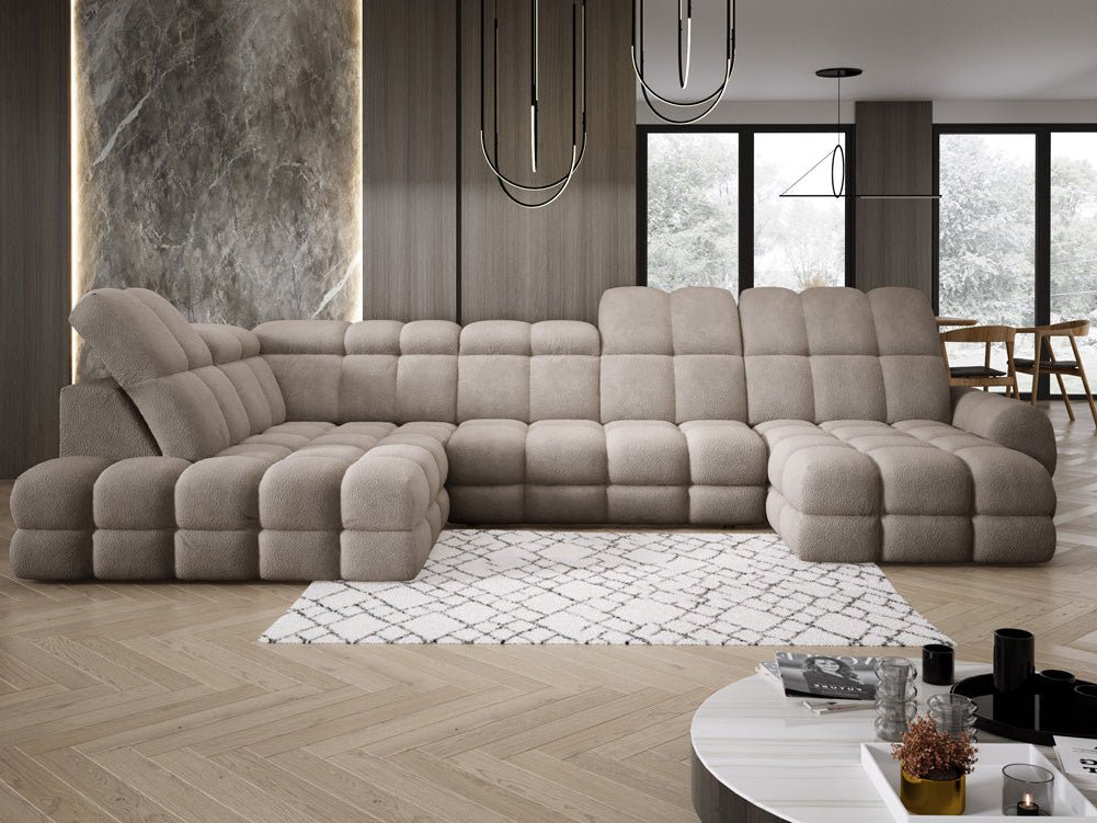 Designer Sofa Lima U mit elektrischer Schlaffunktion in Bouclé