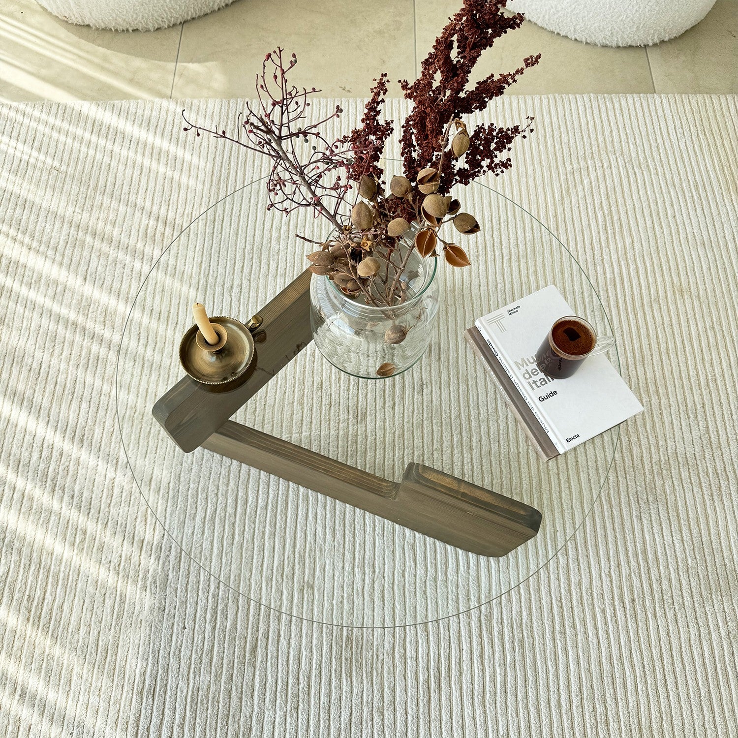 Couchtisch Palvero - mit runder Glasplatte und Kiefernholz