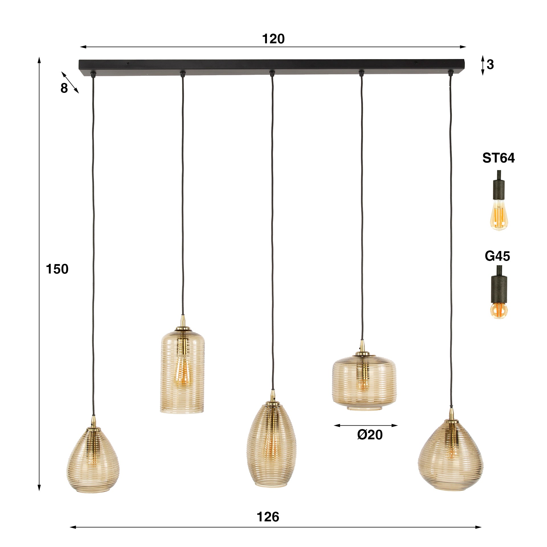 Pendelleuchte Lumira – Handgefertigte Glasschirme in Smoke-Braun (5-flammig)