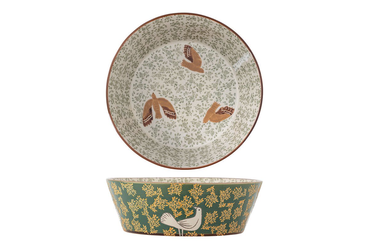 Schale Hania – handbemalte Steingutschale in Grün mit Vogelmotiv