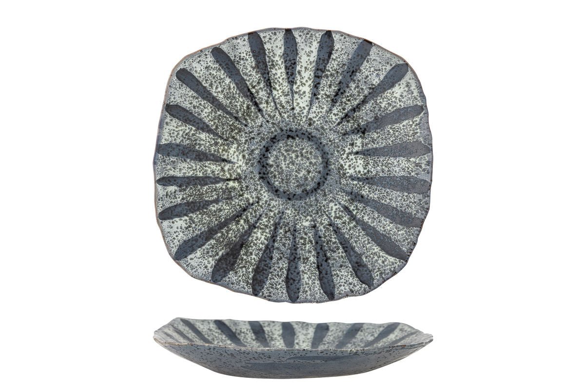 Servierplatte Ruby – handbemalte Steingutplatte in Grau mit Sonnenmotiv