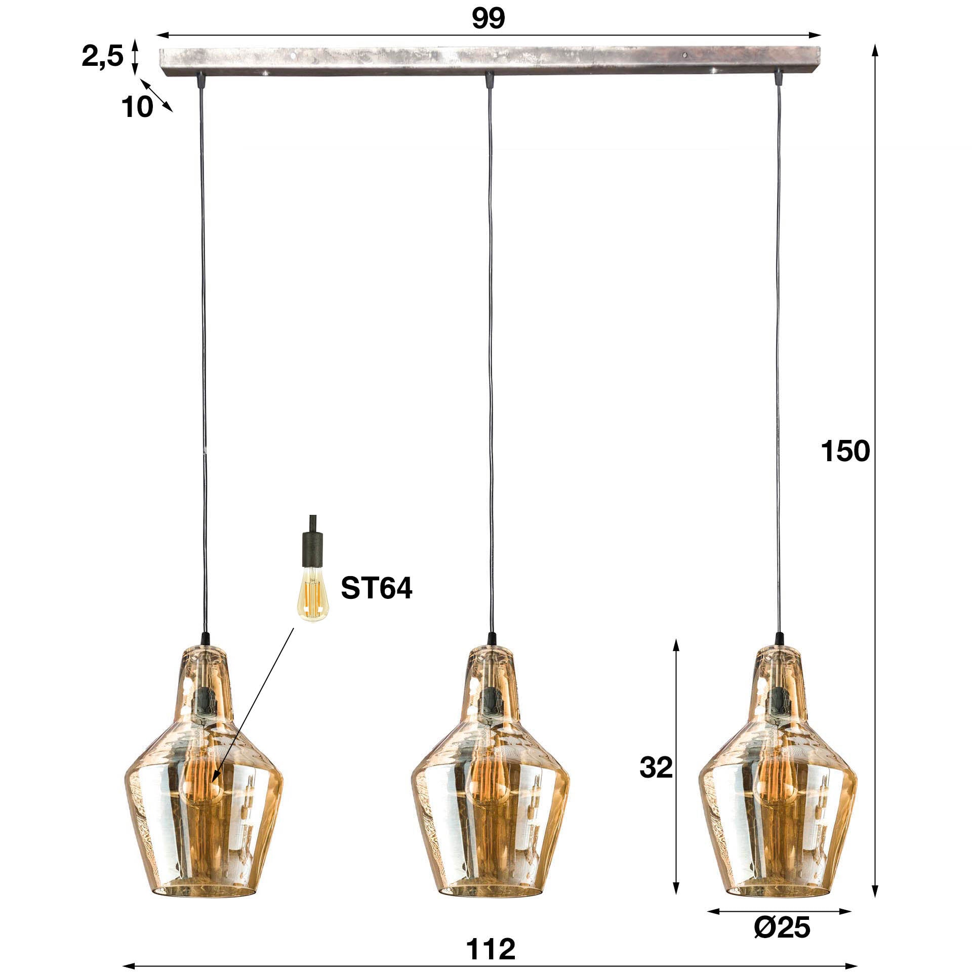 Pendelleuchte Virello – Konische Glasschirme in Alt-Silber (3-flammig)