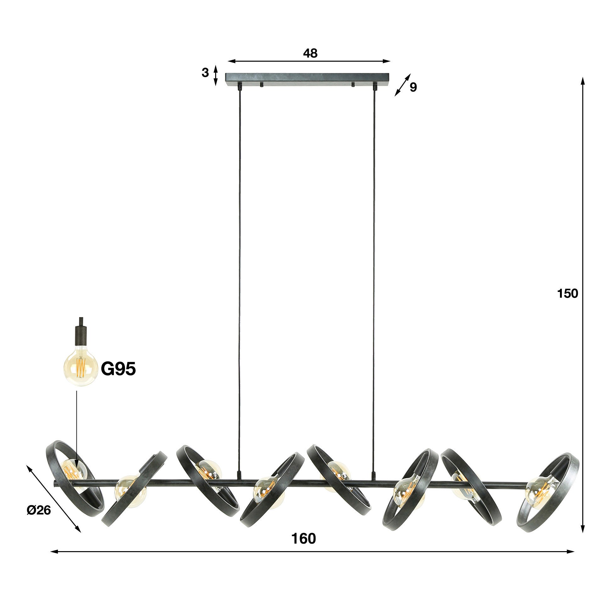 Pendelleuchte Arkon Octa – Offenes Metallrahmen-Design in Charcoal (8-flammig)