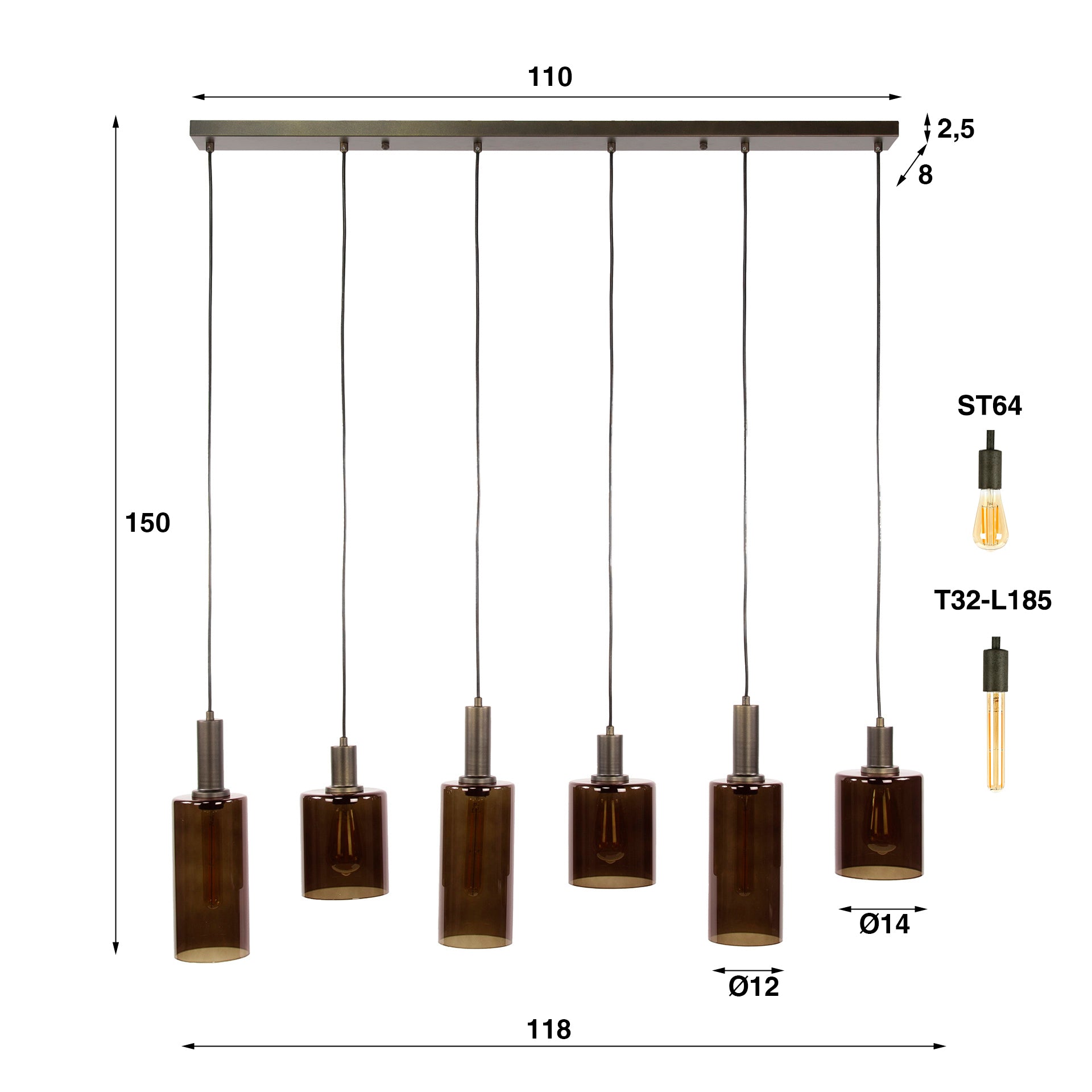 Pendelleuchte Ayu – Zylindrische Glasschirme in Braun (6-flammig)