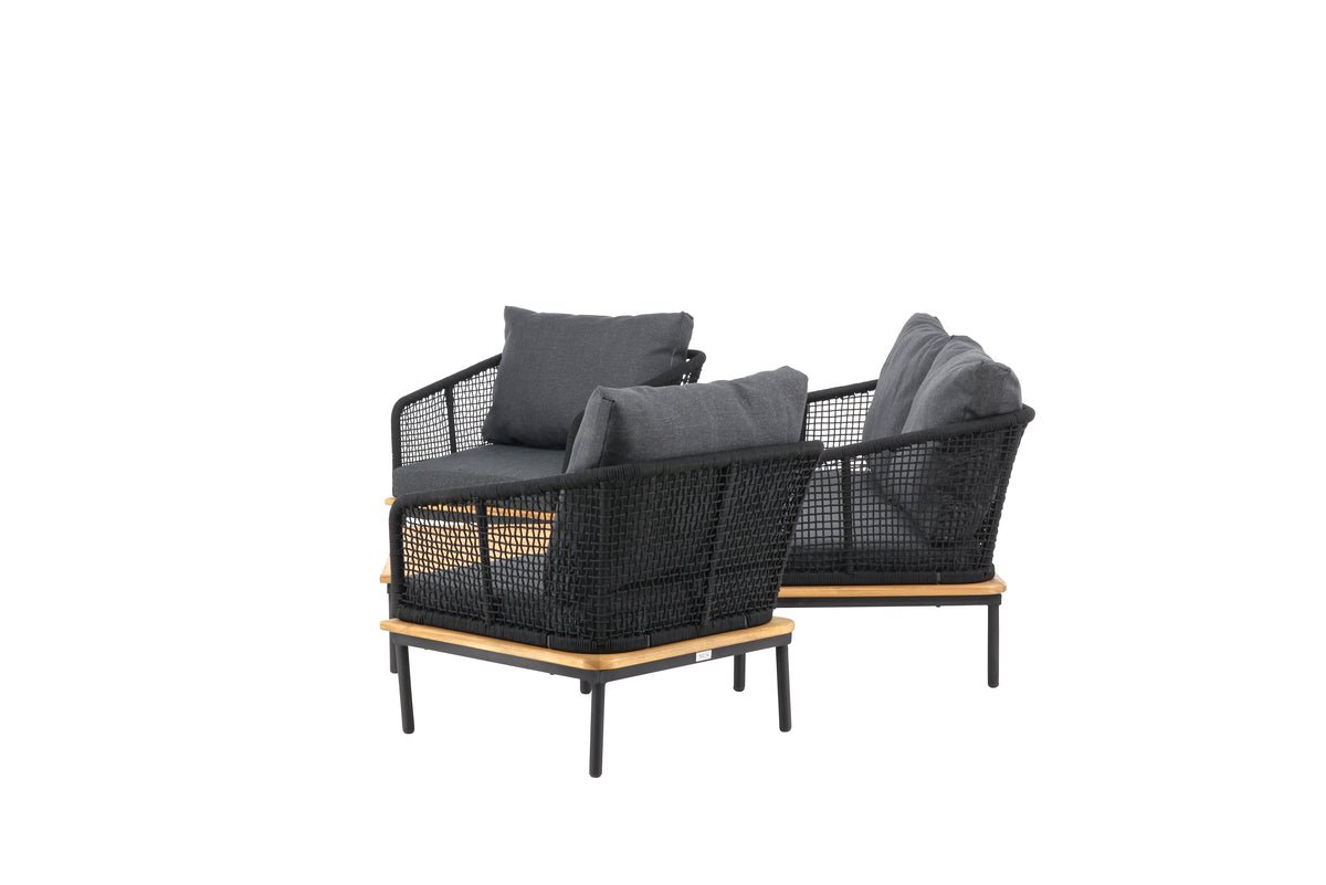 Garten Loungeset Malina – mit Holzdetails, geflochtenem Seil & grauen Kissen