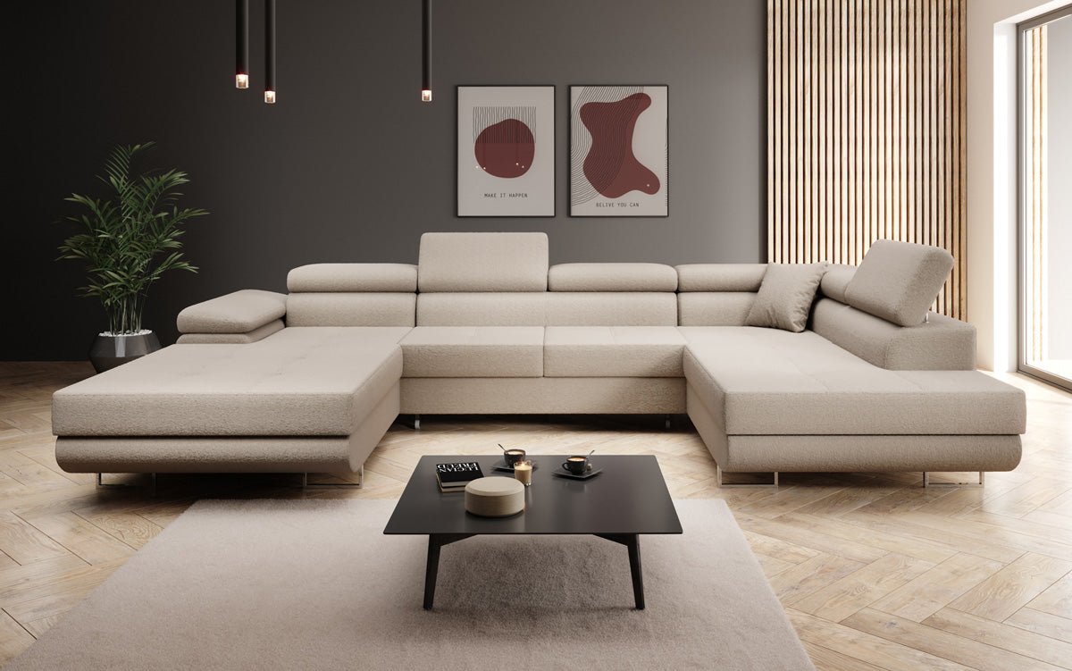 Canapé designer Lago avec fonction couchage et rabattable en bouclé
