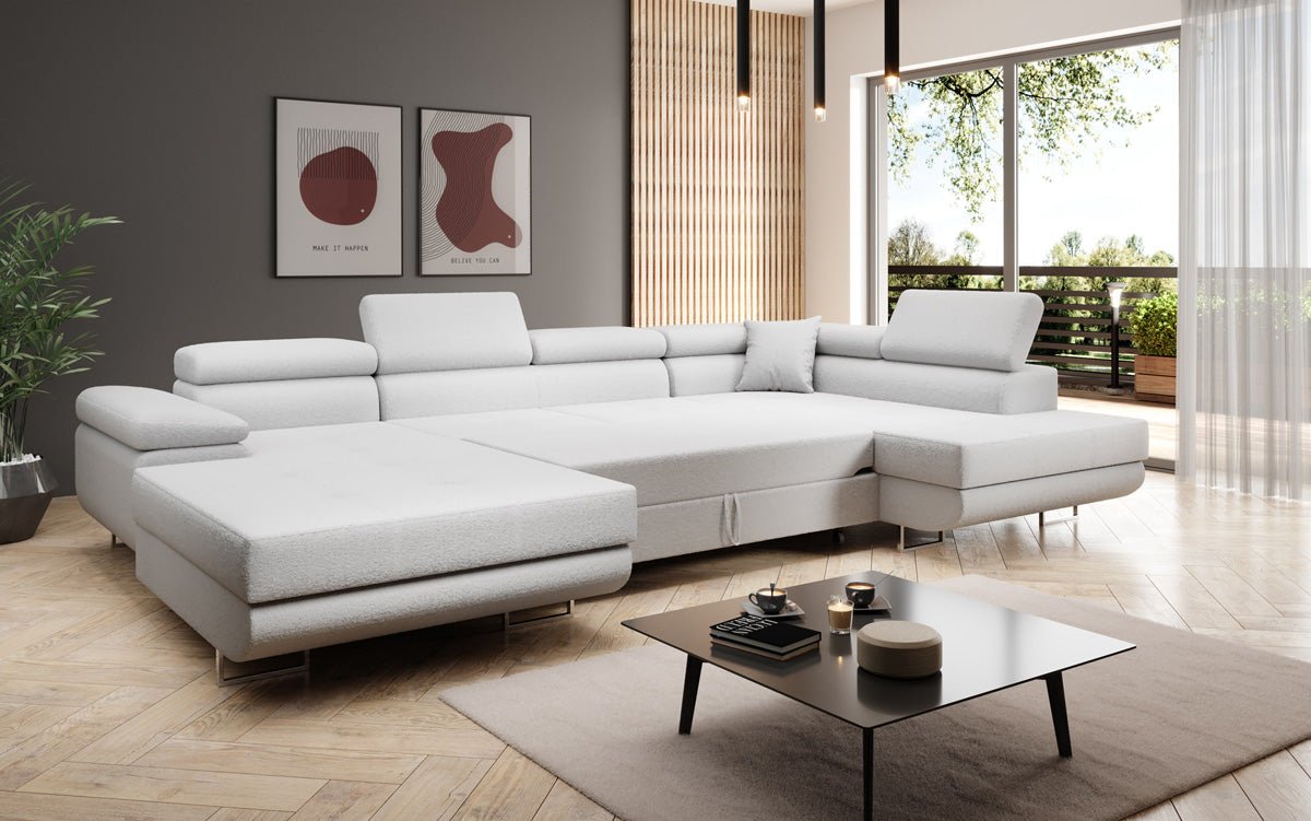 Canapé designer Lago avec fonction couchage et rabattable en bouclé