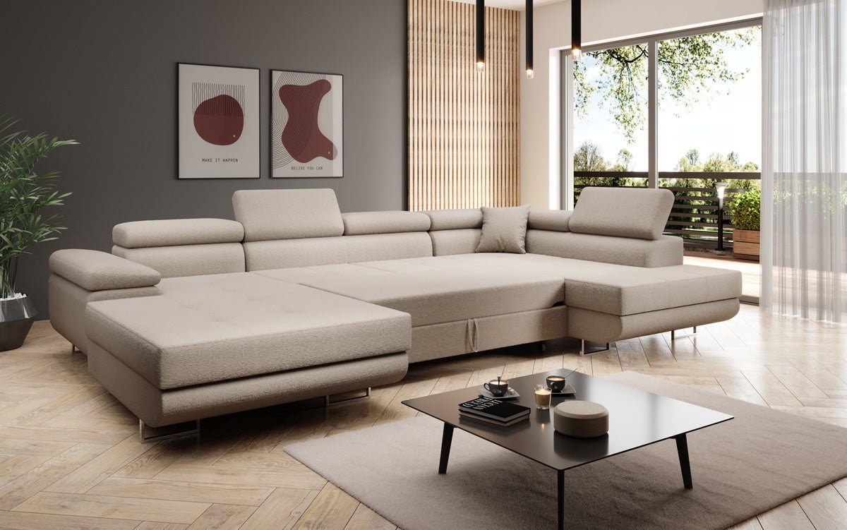 Canapé designer Lago avec fonction couchage et rabattable en bouclé