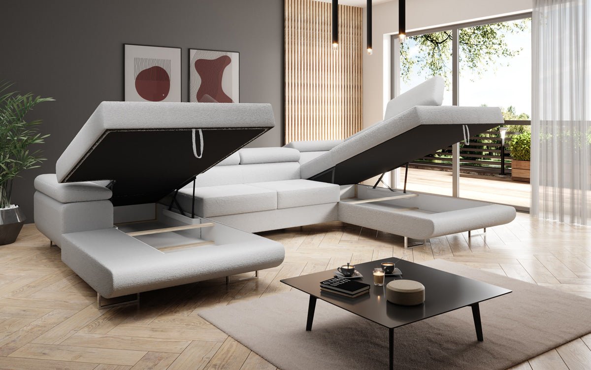 Canapé designer Lago avec fonction couchage et rabattable en bouclé