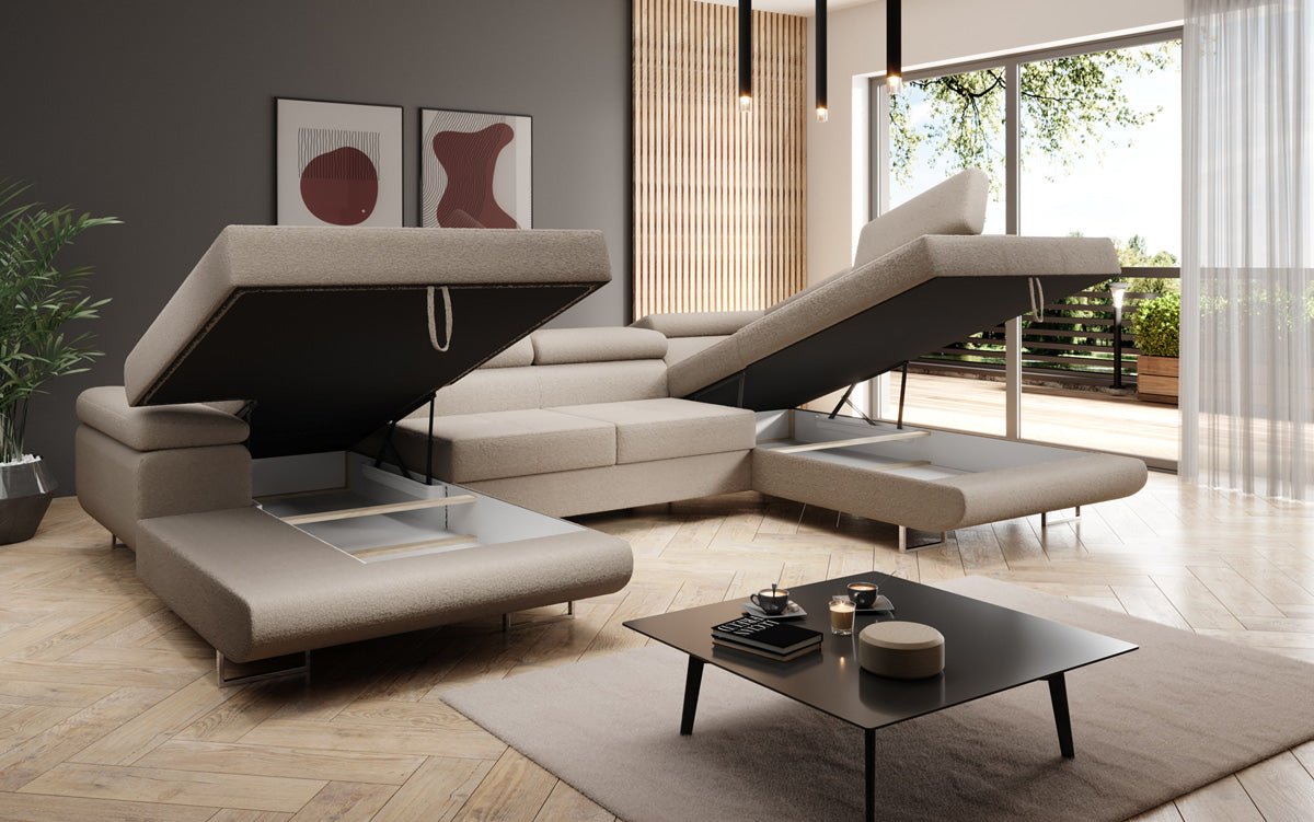 Canapé designer Lago avec fonction couchage et rabattable en bouclé