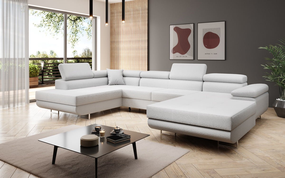 Canapé designer Lago avec fonction couchage et rabattable en bouclé