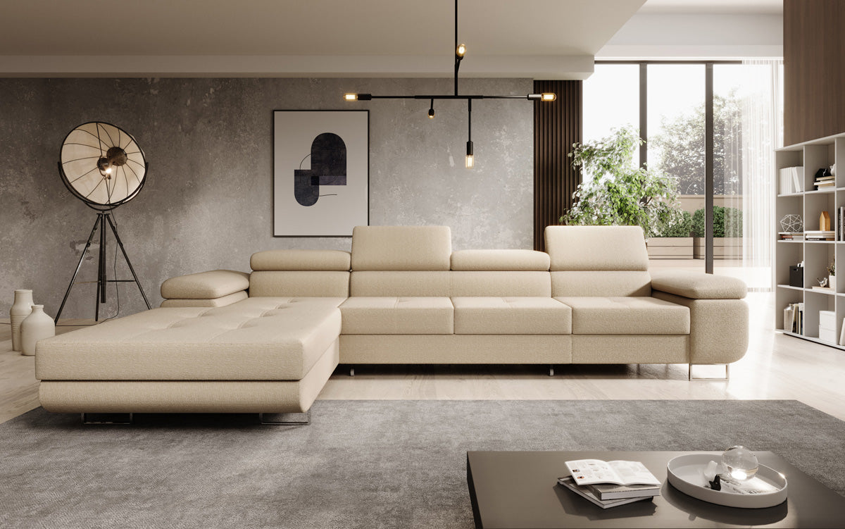 Canapé designer Calvera Maxi avec fonction couchage et rabattable en bouclé