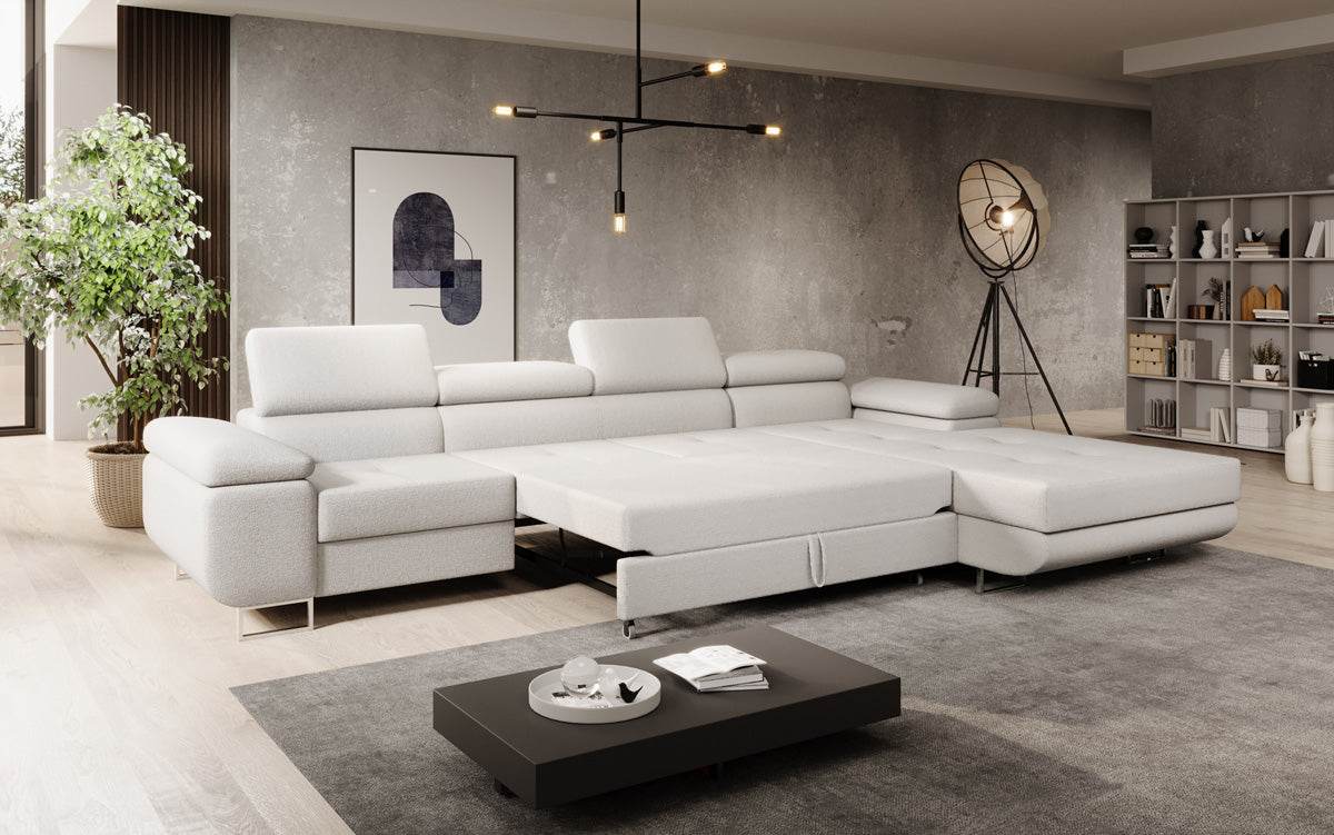 Canapé designer Calvera Maxi avec fonction couchage et rabattable en bouclé