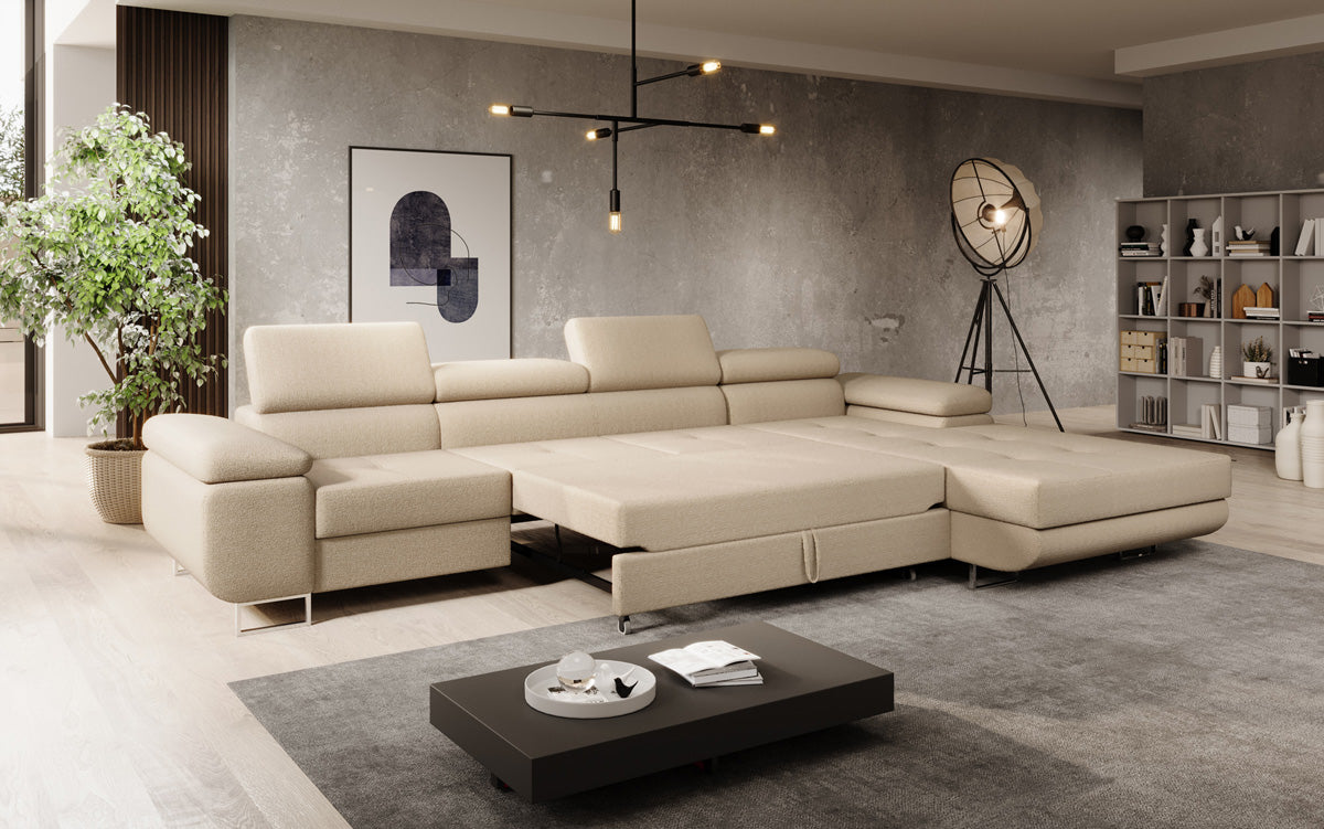 Canapé designer Calvera Maxi avec fonction couchage et rabattable en bouclé