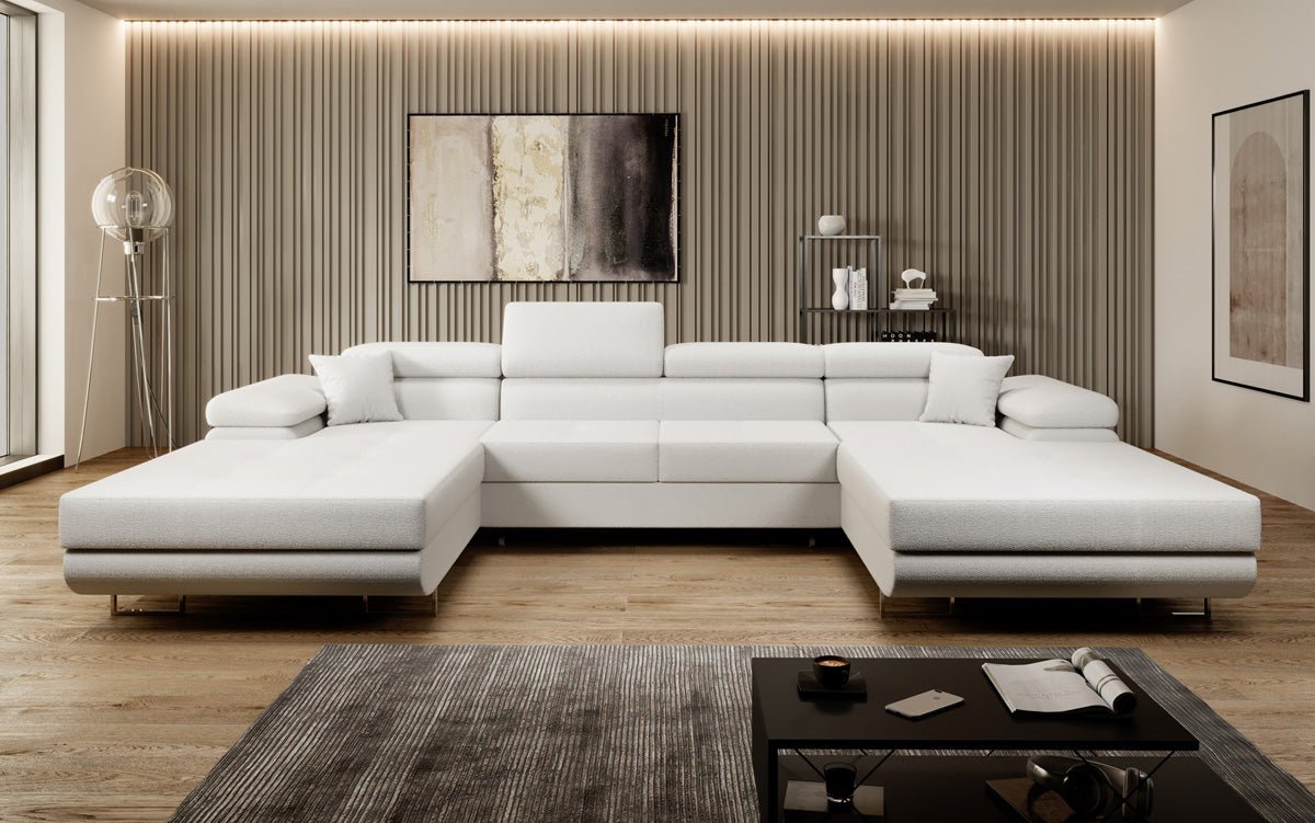 Designer Sofa Calvera U mit Schlaf- und Klappfunktion in Bouclé