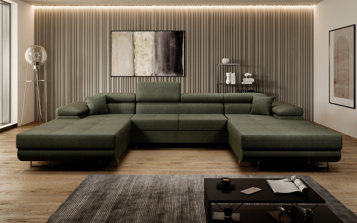 Designer Sofa Calvera U mit Schlaf- und Klappfunktion in Bouclé