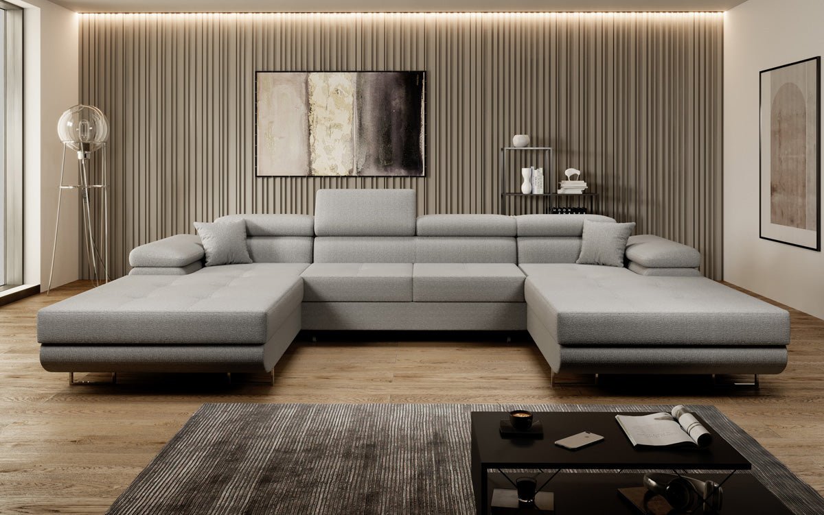 Designer Sofa Calvera U mit Schlaf- und Klappfunktion in Bouclé