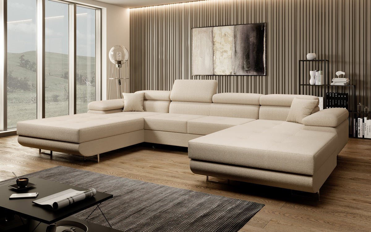 Designer Sofa Calvera U mit Schlaf- und Klappfunktion in Bouclé