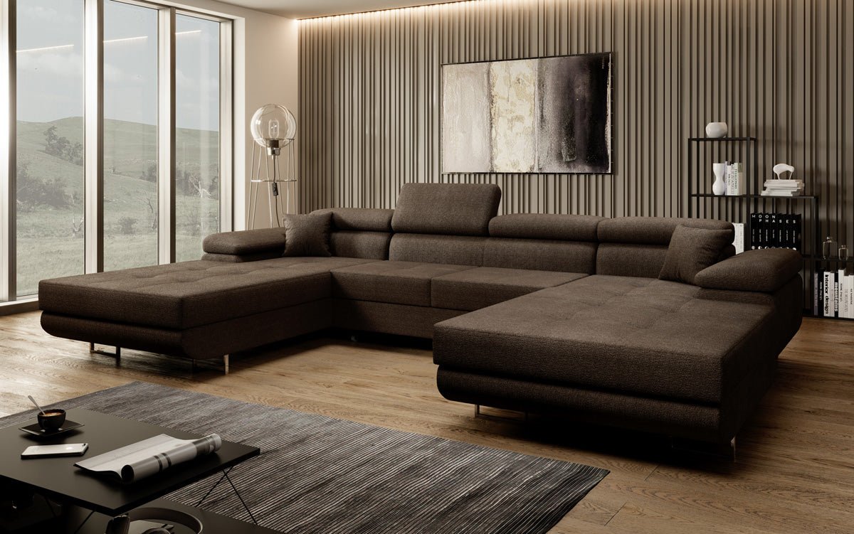 Designer Sofa Calvera U mit Schlaf- und Klappfunktion in Bouclé