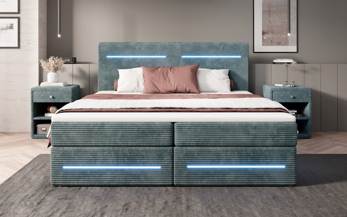 Boxspringbett Lara mit Stauraum und LED in Cord