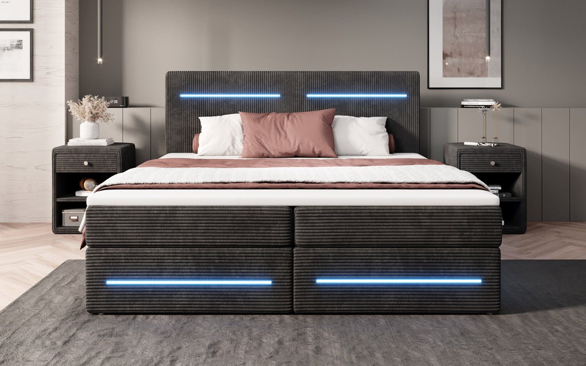Boxspringbett Lara mit Stauraum und LED in Cord