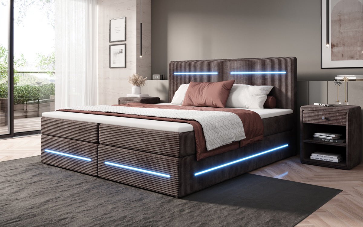 Boxspringbett Lara mit Stauraum und LED in Cord