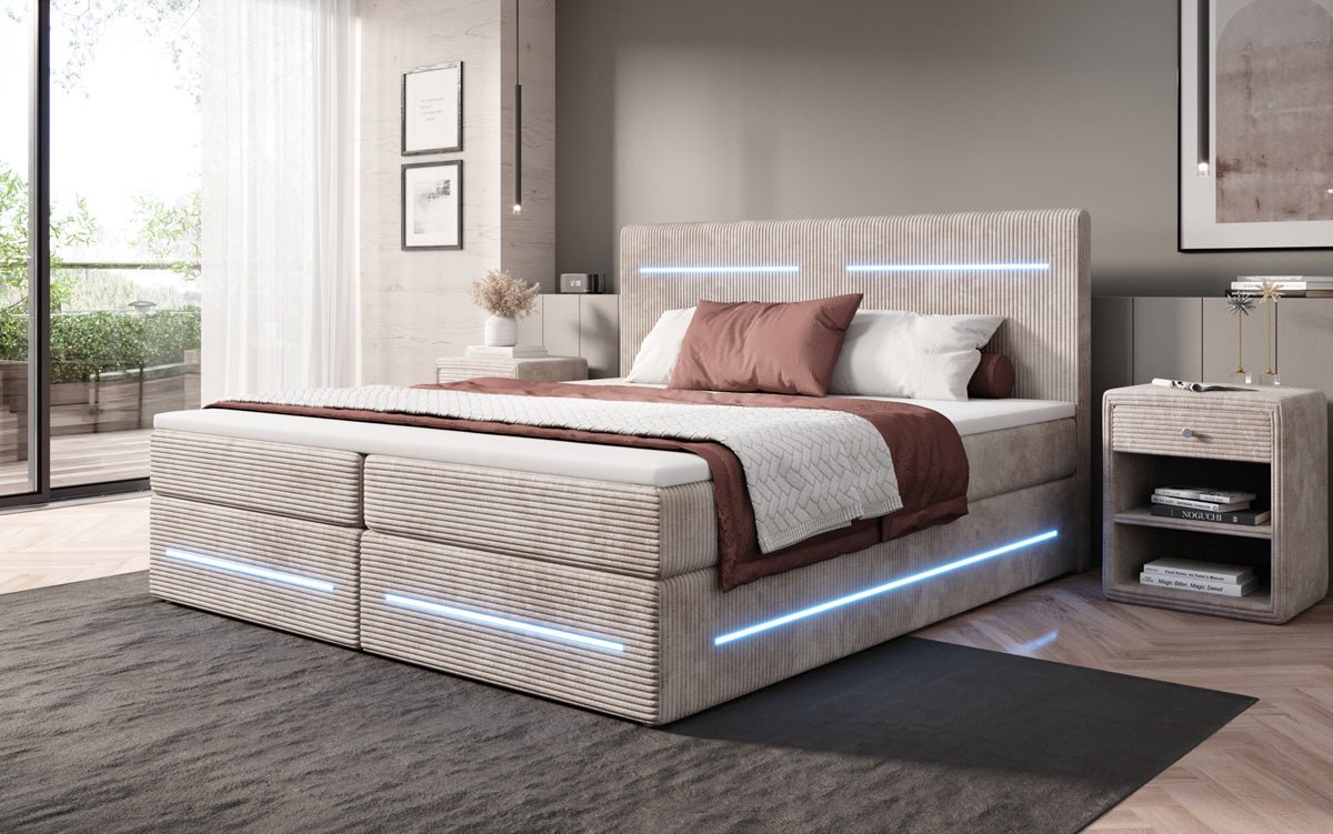Boxspringbett Lara mit Stauraum und LED in Cord