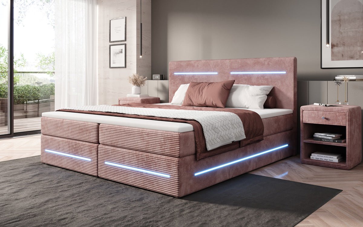Boxspringbett Lara mit Stauraum und LED in Cord