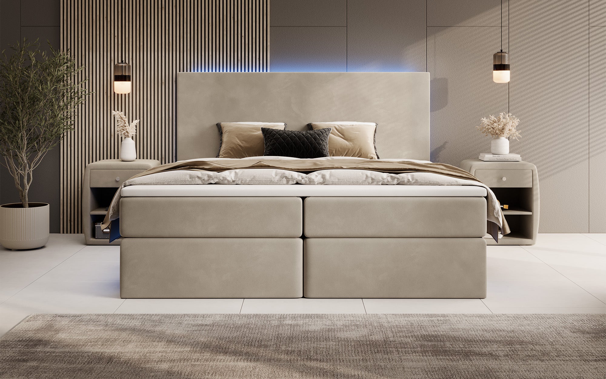 Boxspringbett Voyage mit LED u. Stauraum in Samt