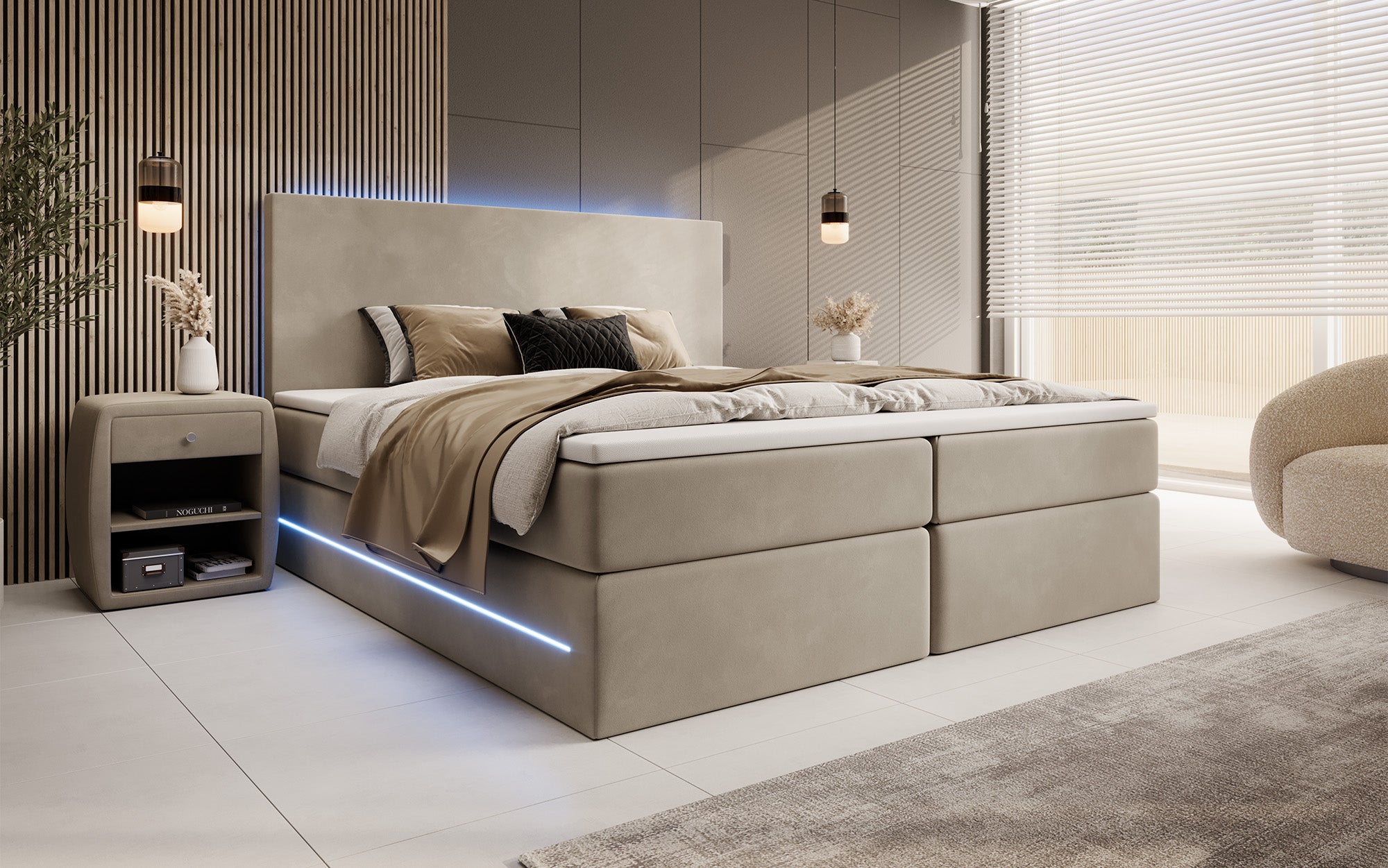Boxspringbett Voyage mit LED u. Stauraum in Samt
