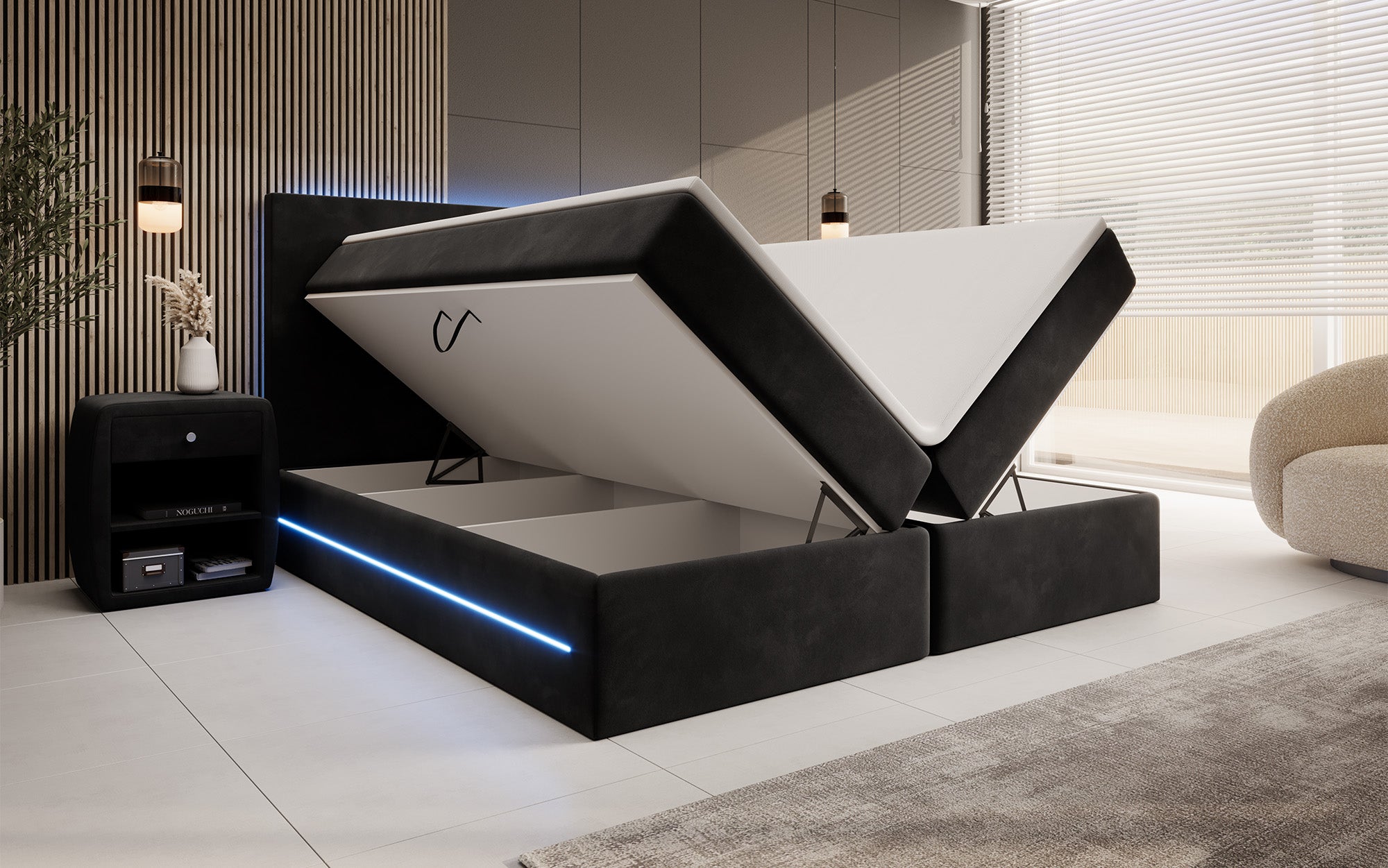 Boxspringbett Voyage mit LED u. Stauraum in Samt