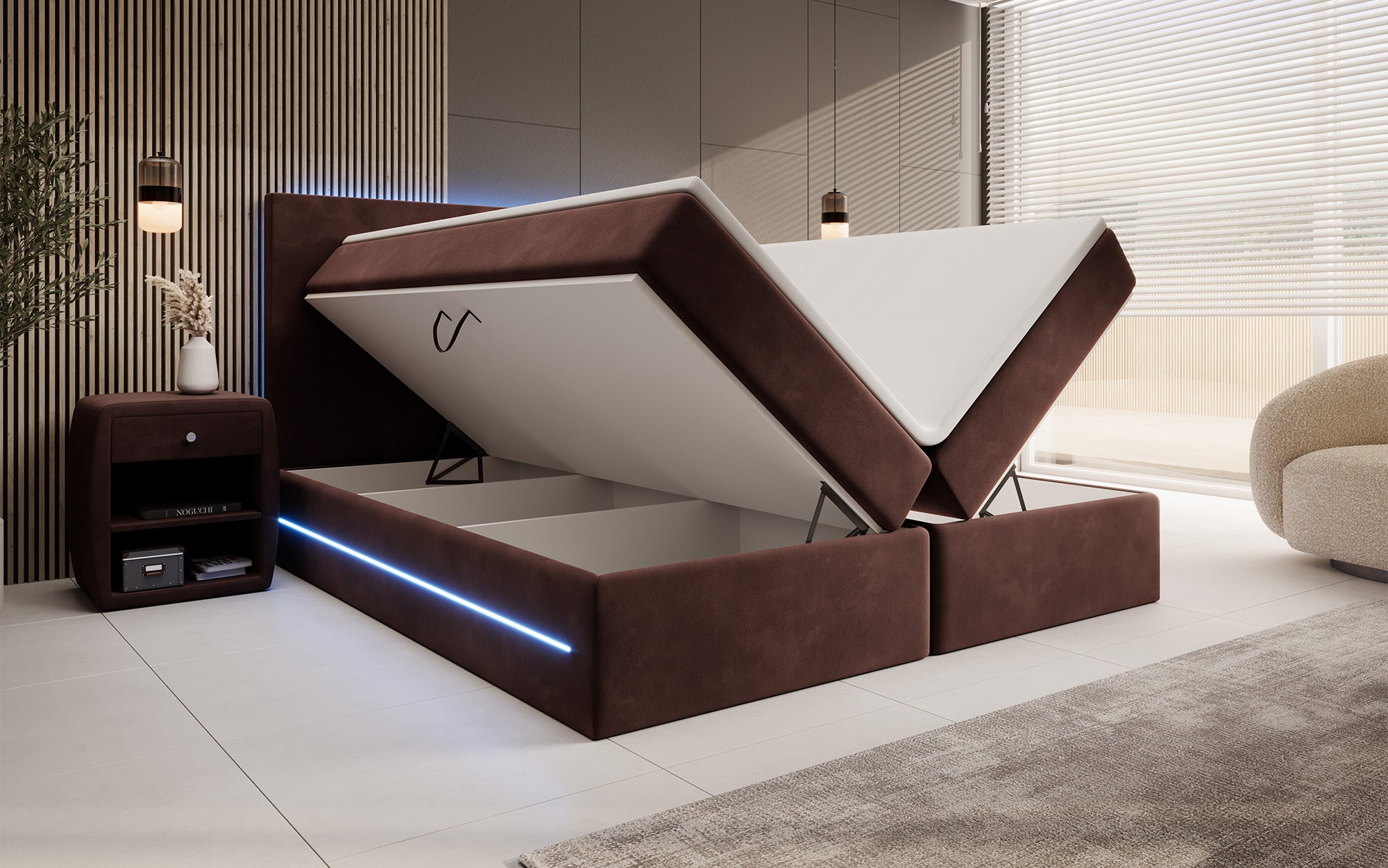 Boxspringbett Voyage mit LED u. Stauraum in Samt