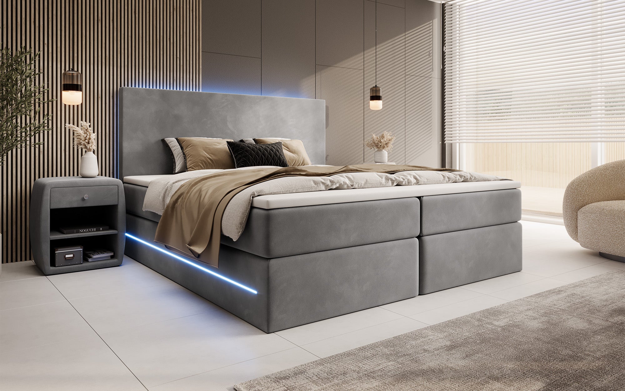 Boxspringbett Voyage mit LED u. Stauraum in Samt