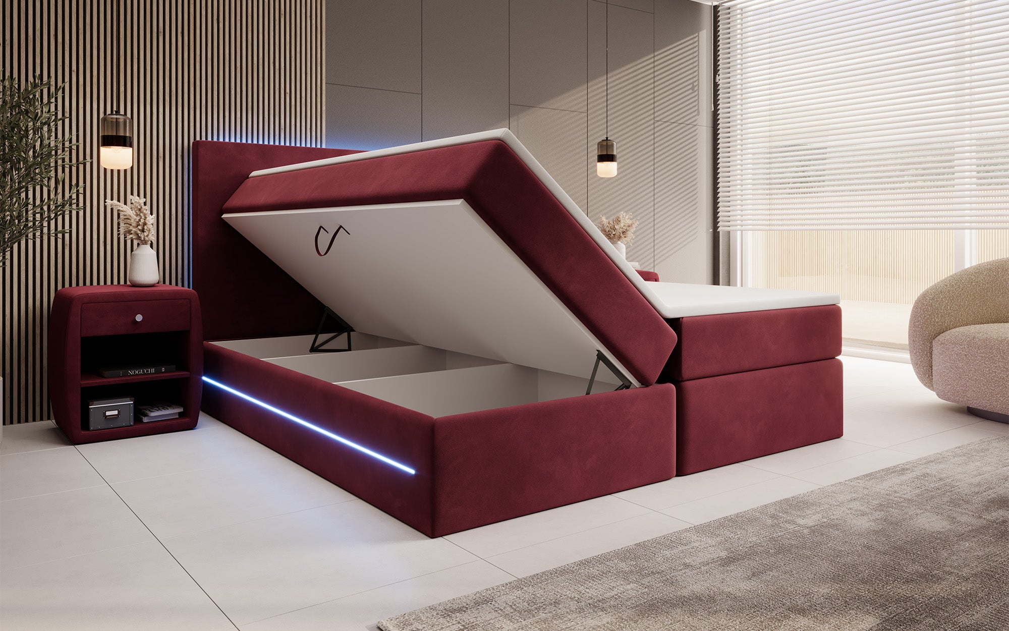 Boxspringbett Voyage mit LED u. Stauraum in Samt