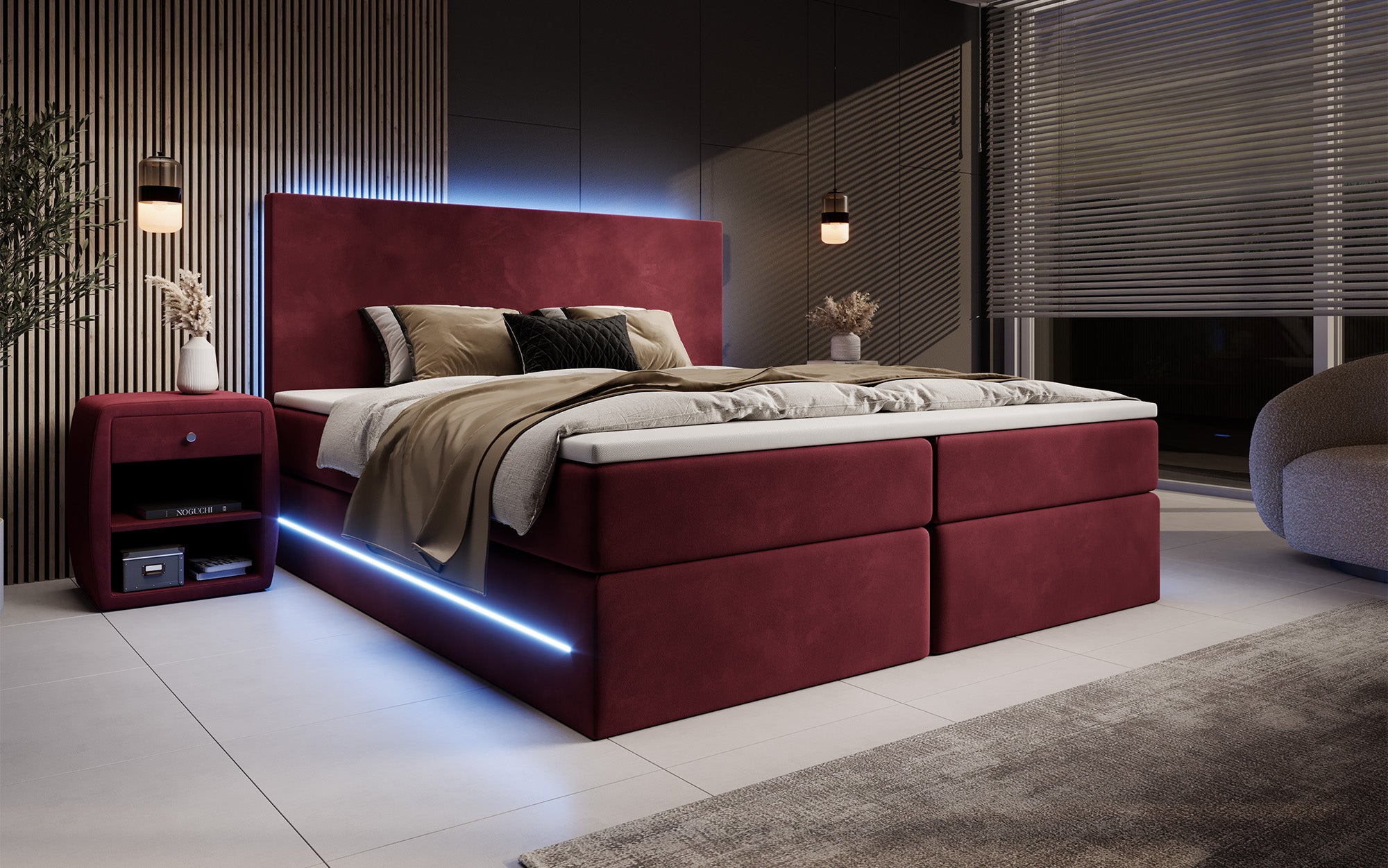Boxspringbett Voyage mit LED u. Stauraum in Samt