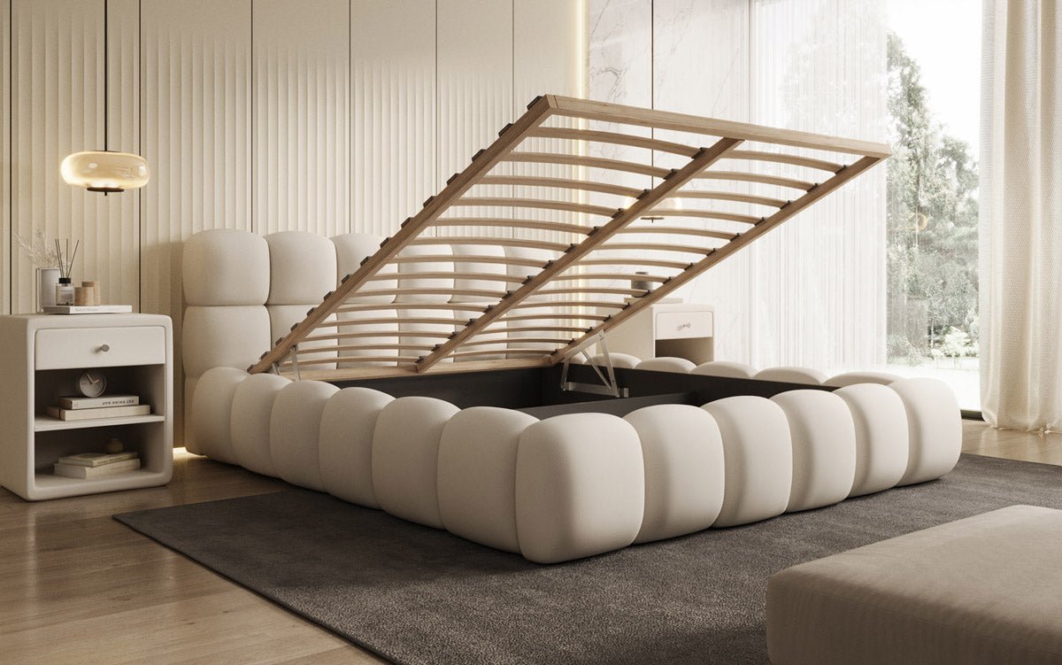 Designer Polsterbett Boston Stoff mit Stauraum inkl. Aufbau