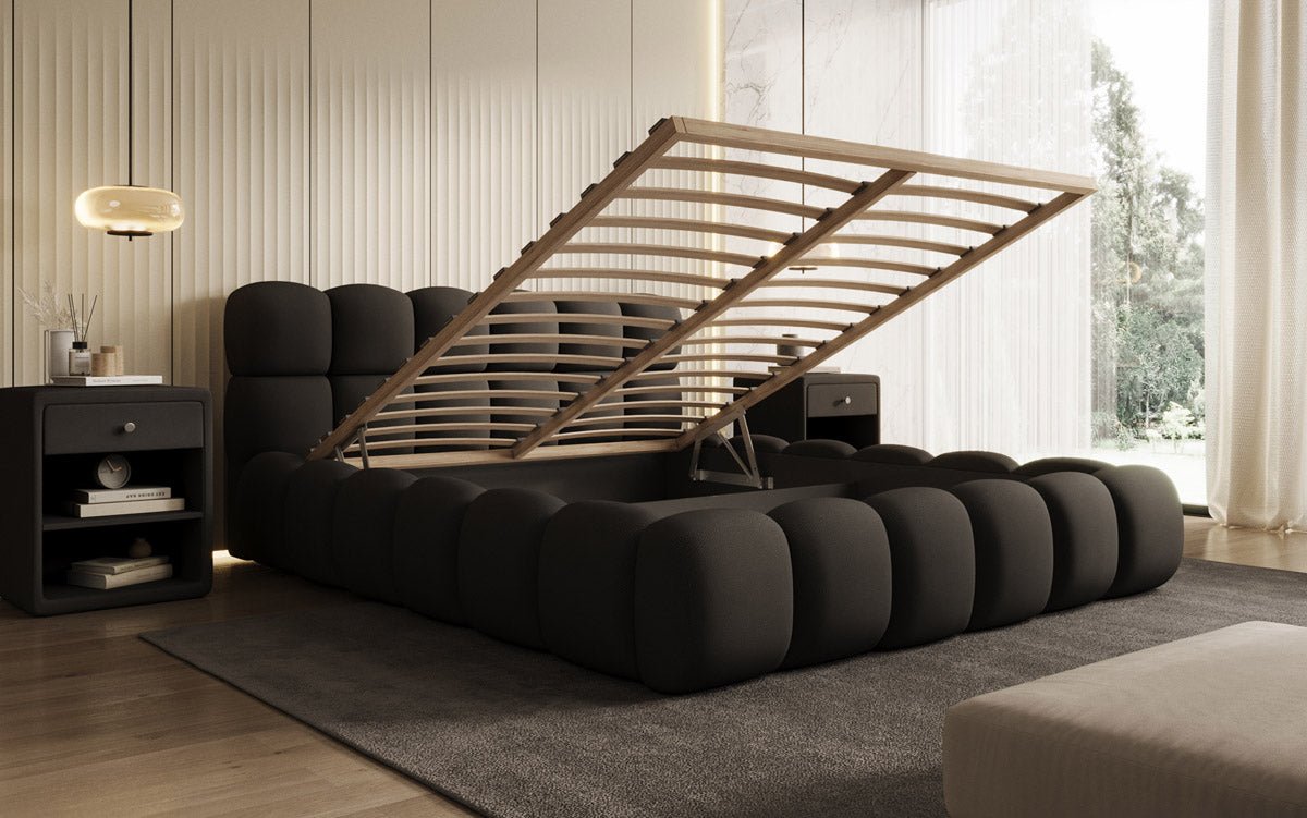 Designer Polsterbett Boston Stoff mit Stauraum inkl. Aufbau