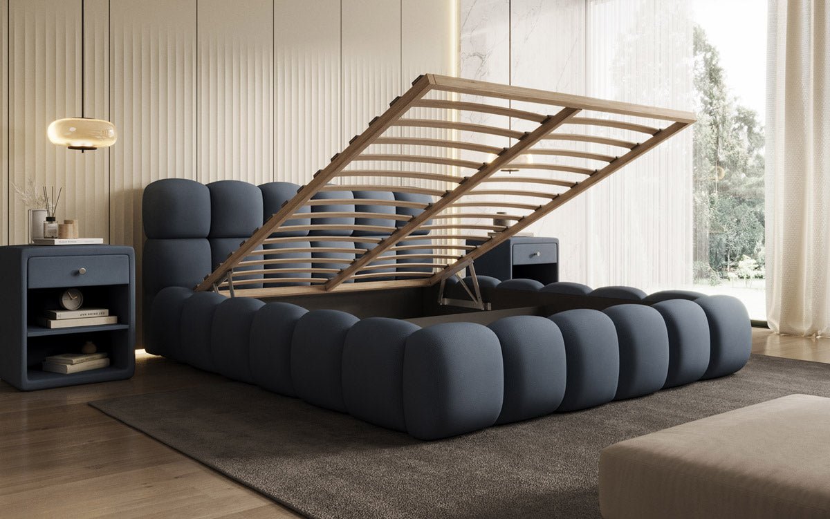 Designer Polsterbett Boston Stoff mit Stauraum inkl. Aufbau