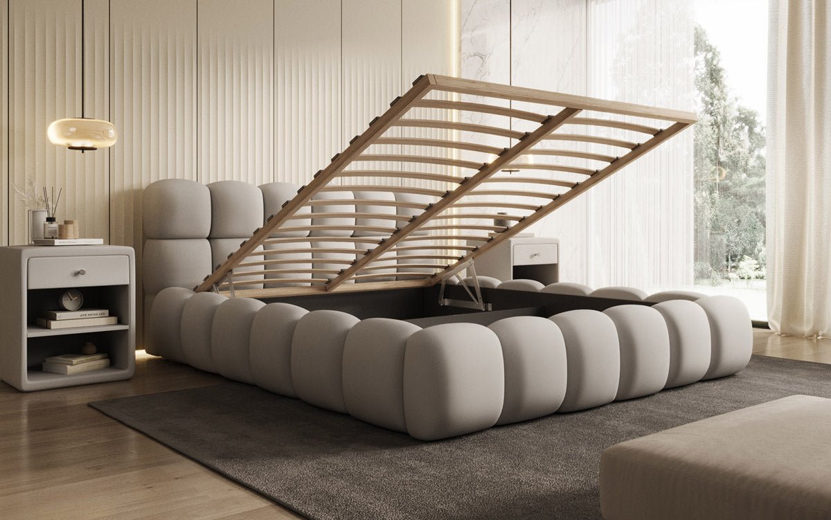 Designer Polsterbett Boston Stoff mit Stauraum inkl. Aufbau