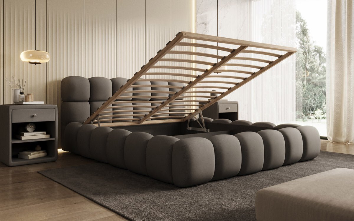 Designer Polsterbett Boston Stoff mit Stauraum inkl. Aufbau