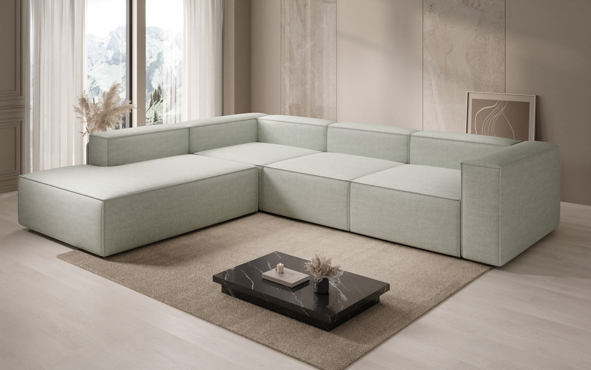 Designer Ecksofa Lesley mit langer Ottomane in Leinen-Optik