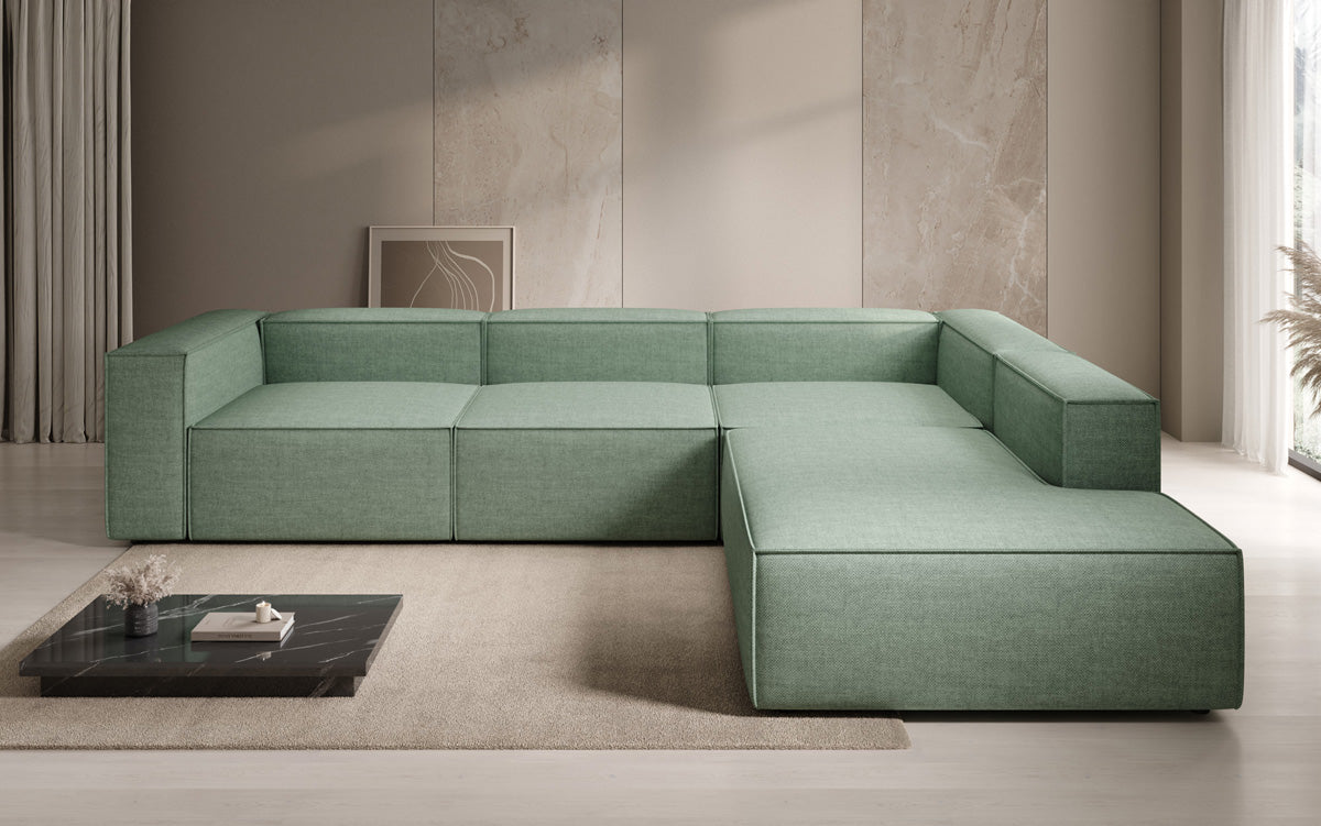 Designer Ecksofa Lesley mit langer Ottomane in Leinen-Optik