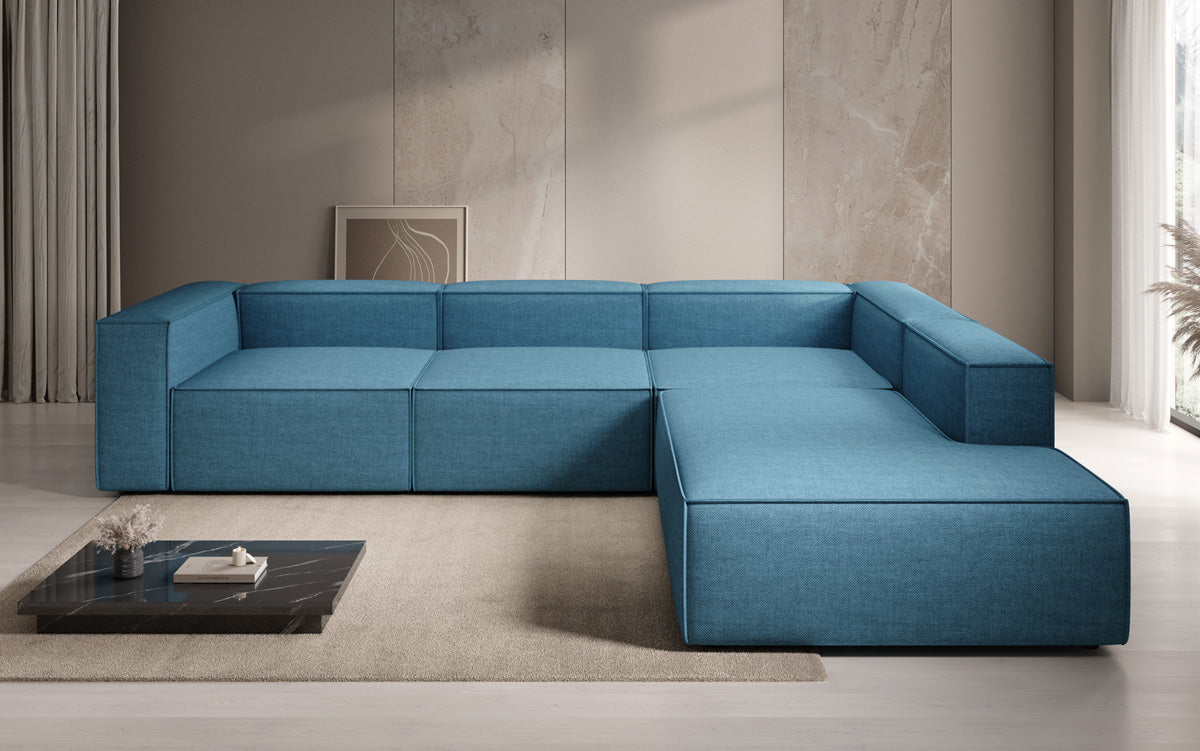Designer Ecksofa Lesley mit langer Ottomane in Leinen-Optik