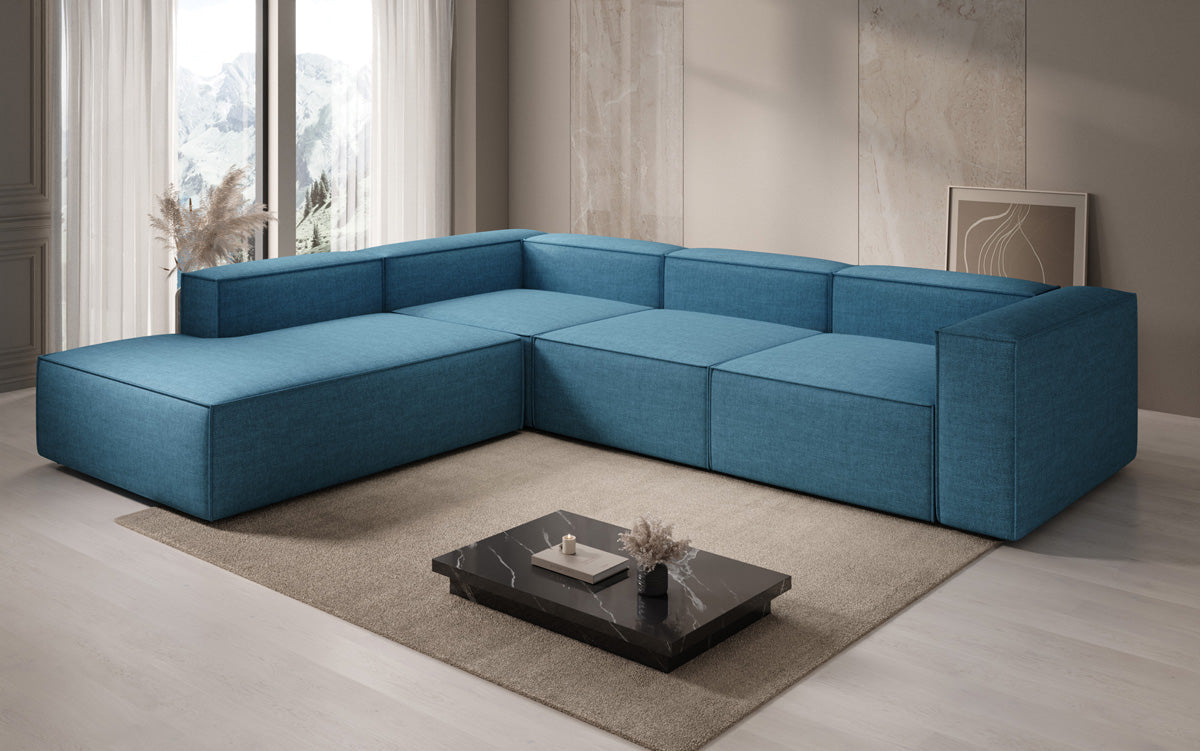 Designer Ecksofa Lesley mit langer Ottomane in Leinen-Optik