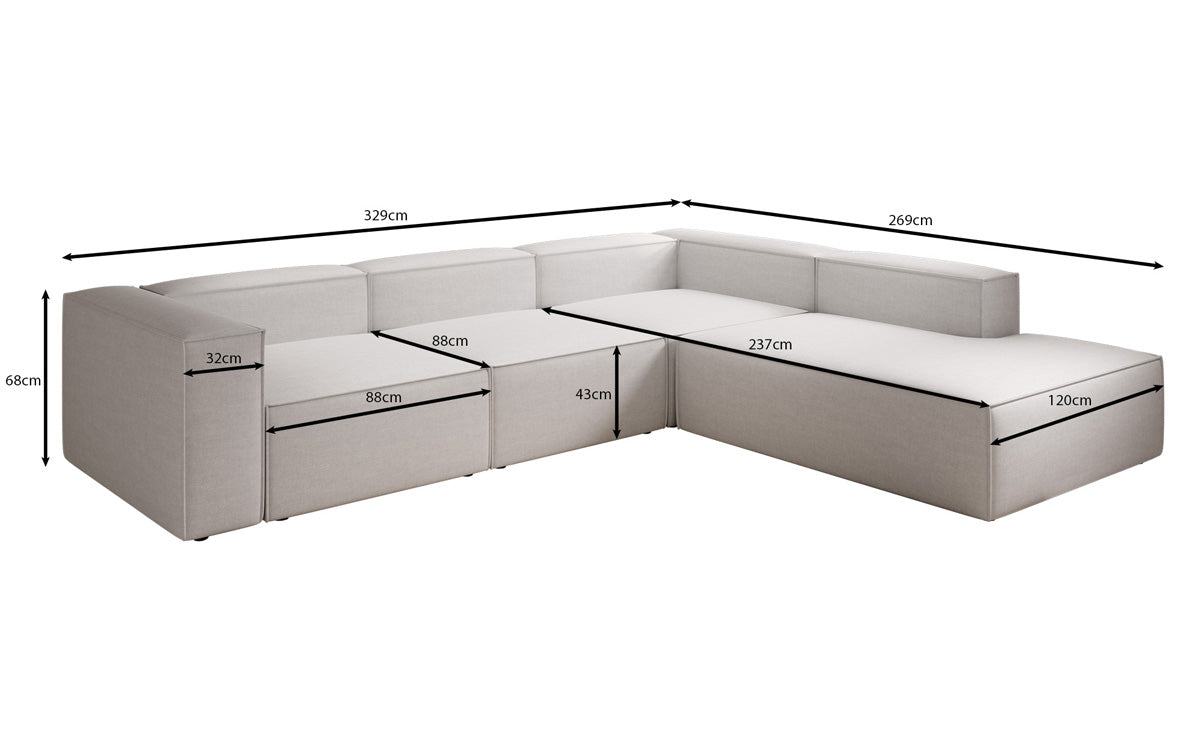 Designer Ecksofa Lesley mit langer Ottomane in Leinen-Optik